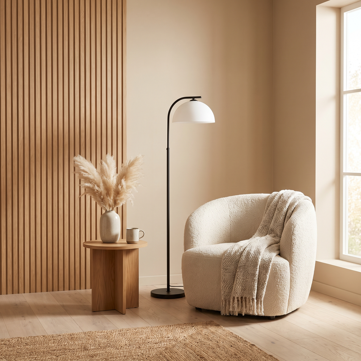 Cream boucle armchair, floor lamp and side table in a beige living room Image