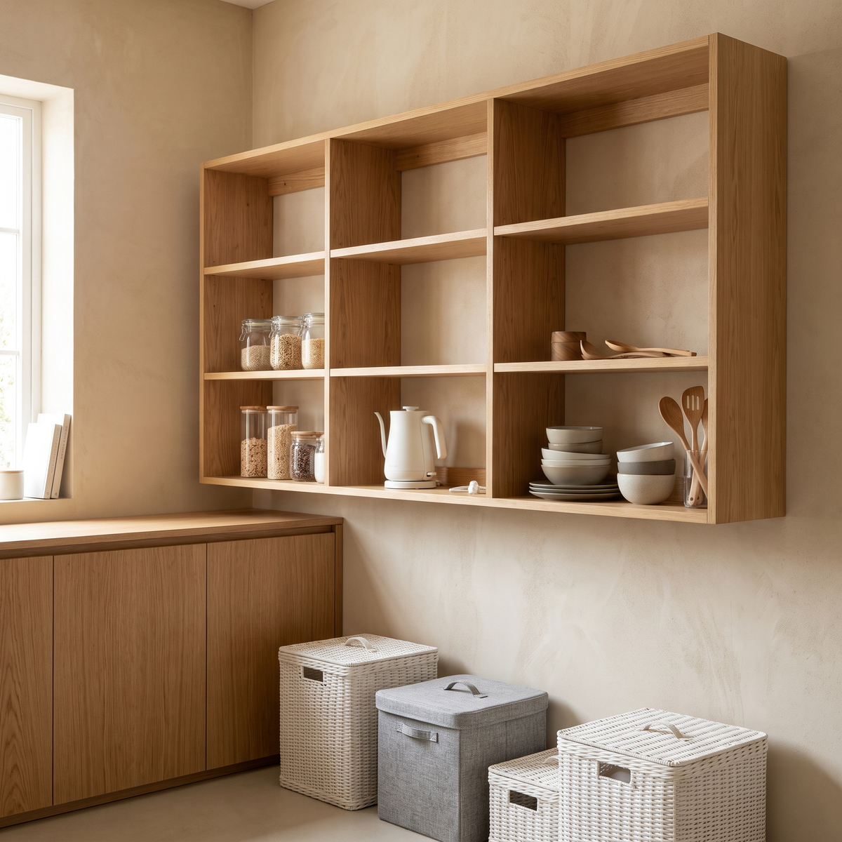 Oak kitchen shelving with jars, kettle and storage baskets Image