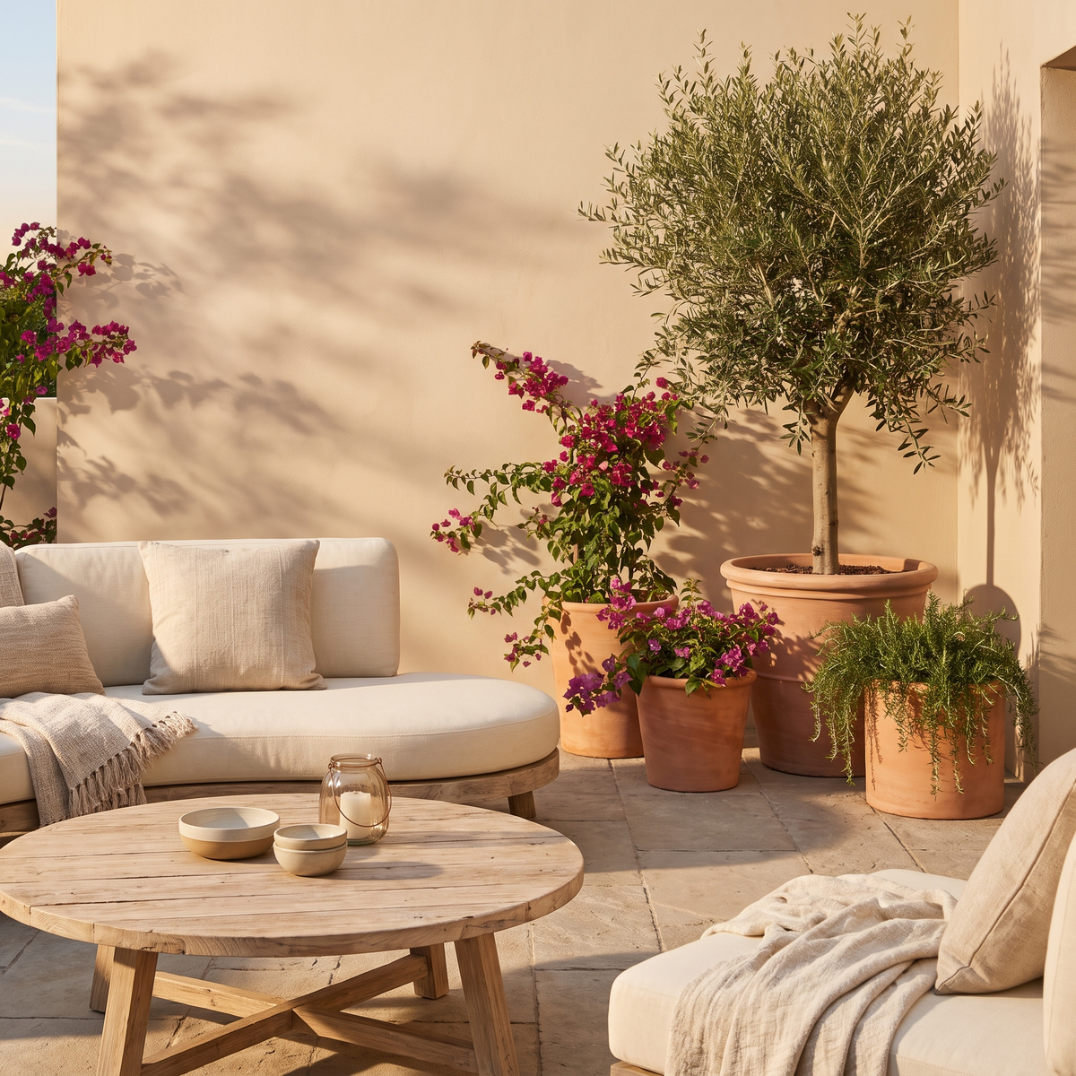 Sunlit terrace with outdoor sofa, olive tree and terracotta planters Image