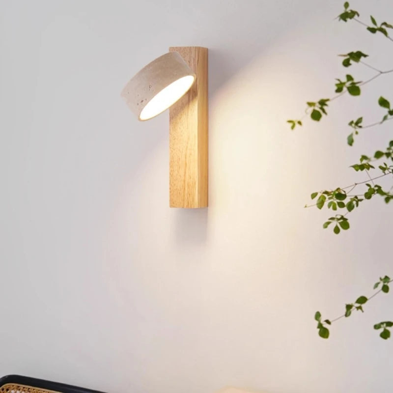 Travertine Wall Sconce | Rotating Stone & Solid Wood Bedside Light with Pull Chain – view 1