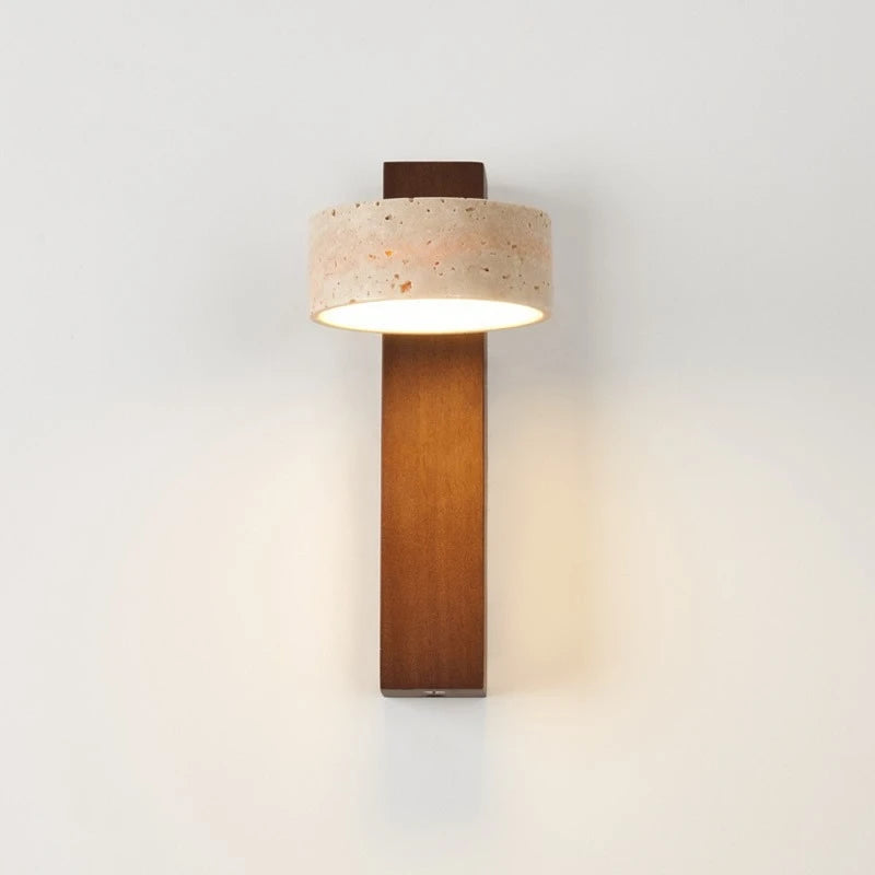 Travertine Wall Sconce | Rotating Stone & Solid Wood Bedside Light with Pull Chain – view 8