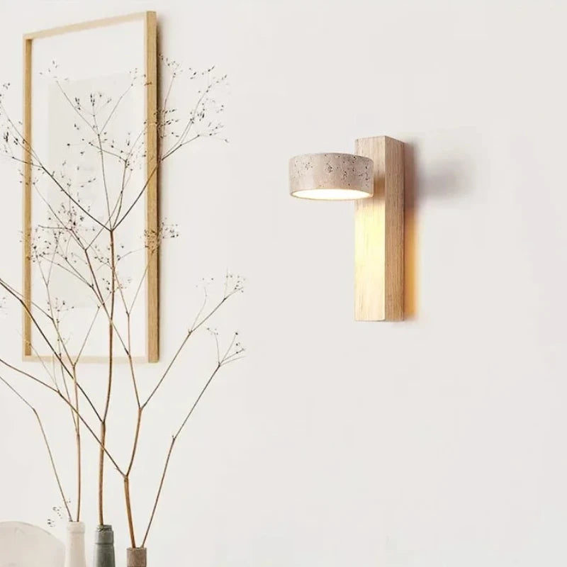 Travertine Wall Sconce | Rotating Stone & Solid Wood Bedside Light with Pull Chain – view 6