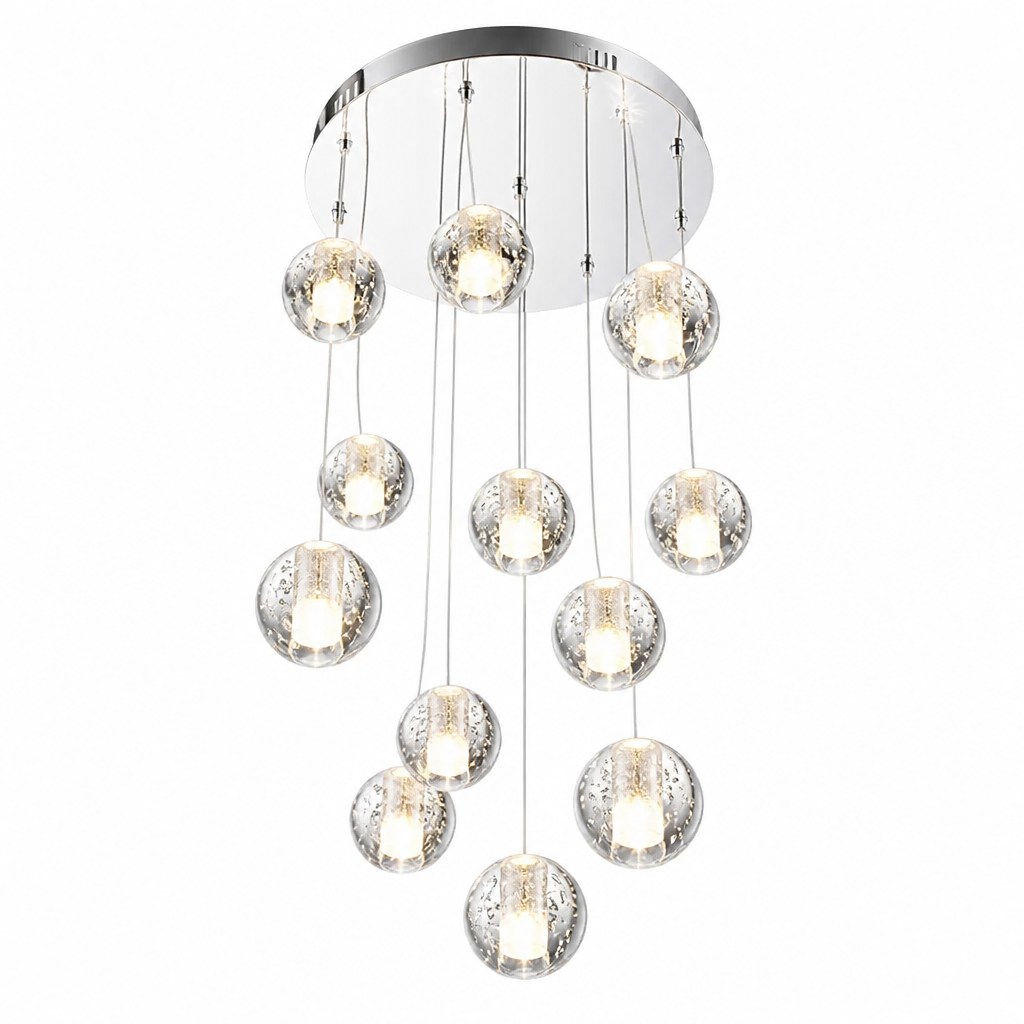 Lustre cascade cristal — cage d'escalier et double hauteur