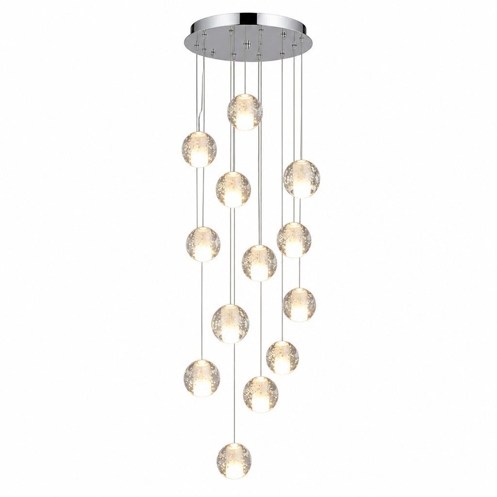 Lustre cascade cristal — cage d'escalier et double hauteur