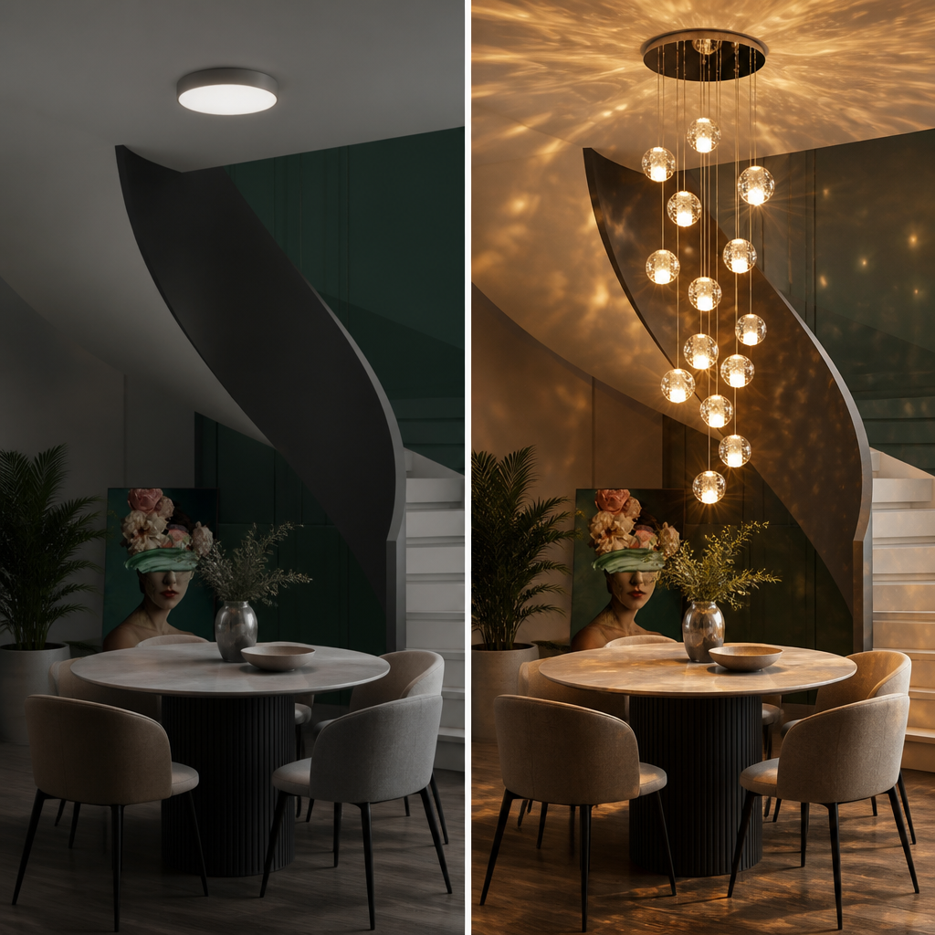 Lustre cascade cristal — cage d'escalier et double hauteur