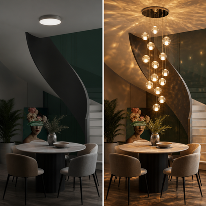 Lustre cascade cristal — cage d'escalier et double hauteur