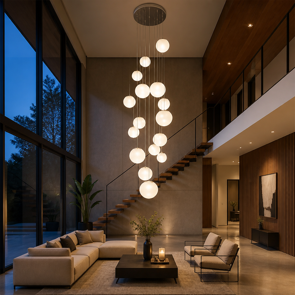 Suspension cascade LED — cage d'escalier et grande hauteur