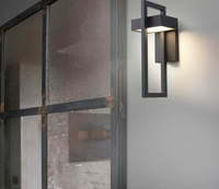 Rectangular outdoor wall light beside a steel-framed window