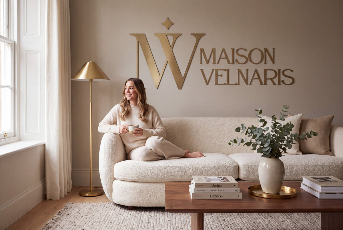 Woman having tea on an ivory sofa in a bright living room, Maison Velnaris brass lettering on the wall Image