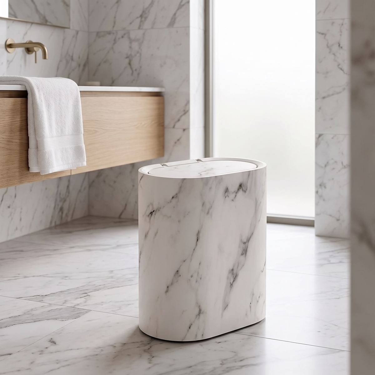 Marble-Look Oval Bin | 12L Kitchen & Bathroom Waste Basket with Press Lid – view 4