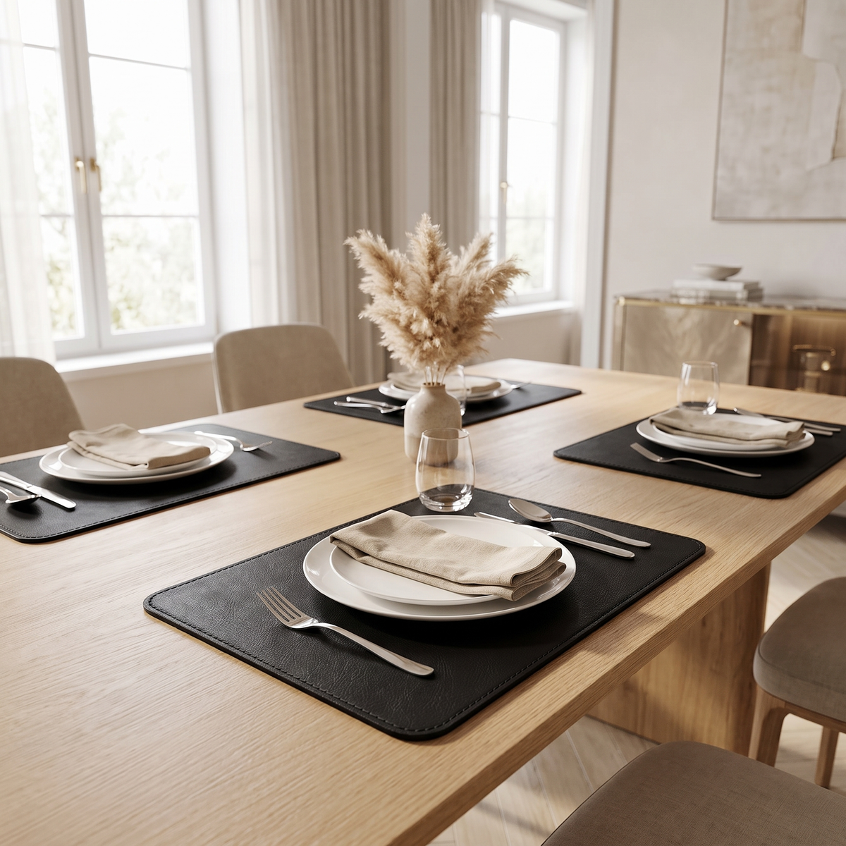 Black cowhide-pattern faux leather placemats on a dining table – view 9