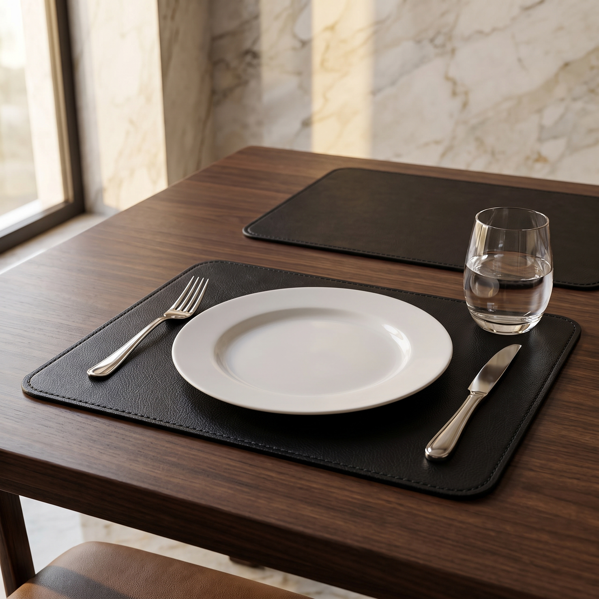 Black cowhide-pattern faux leather placemats on a dining table – view 10