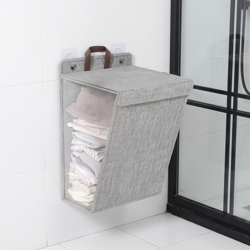 Folding wall-mounted laundry hamper with adhesive hooks – view 4