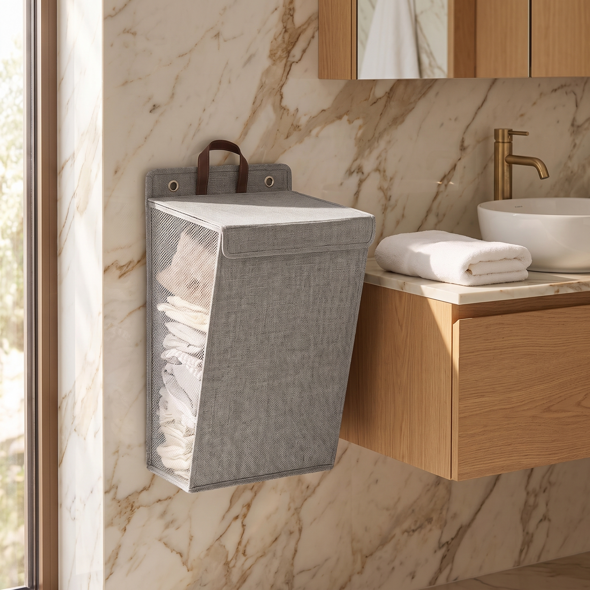 Folding wall-mounted laundry hamper with adhesive hooks – view 3
