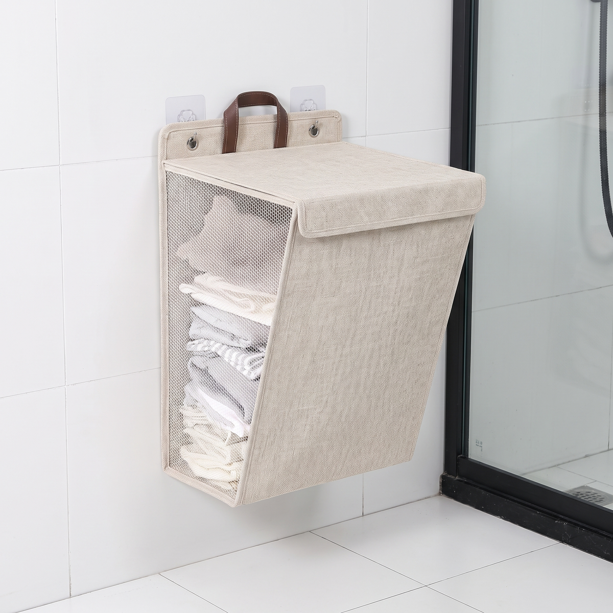 Folding wall-mounted laundry hamper with adhesive hooks – view 5