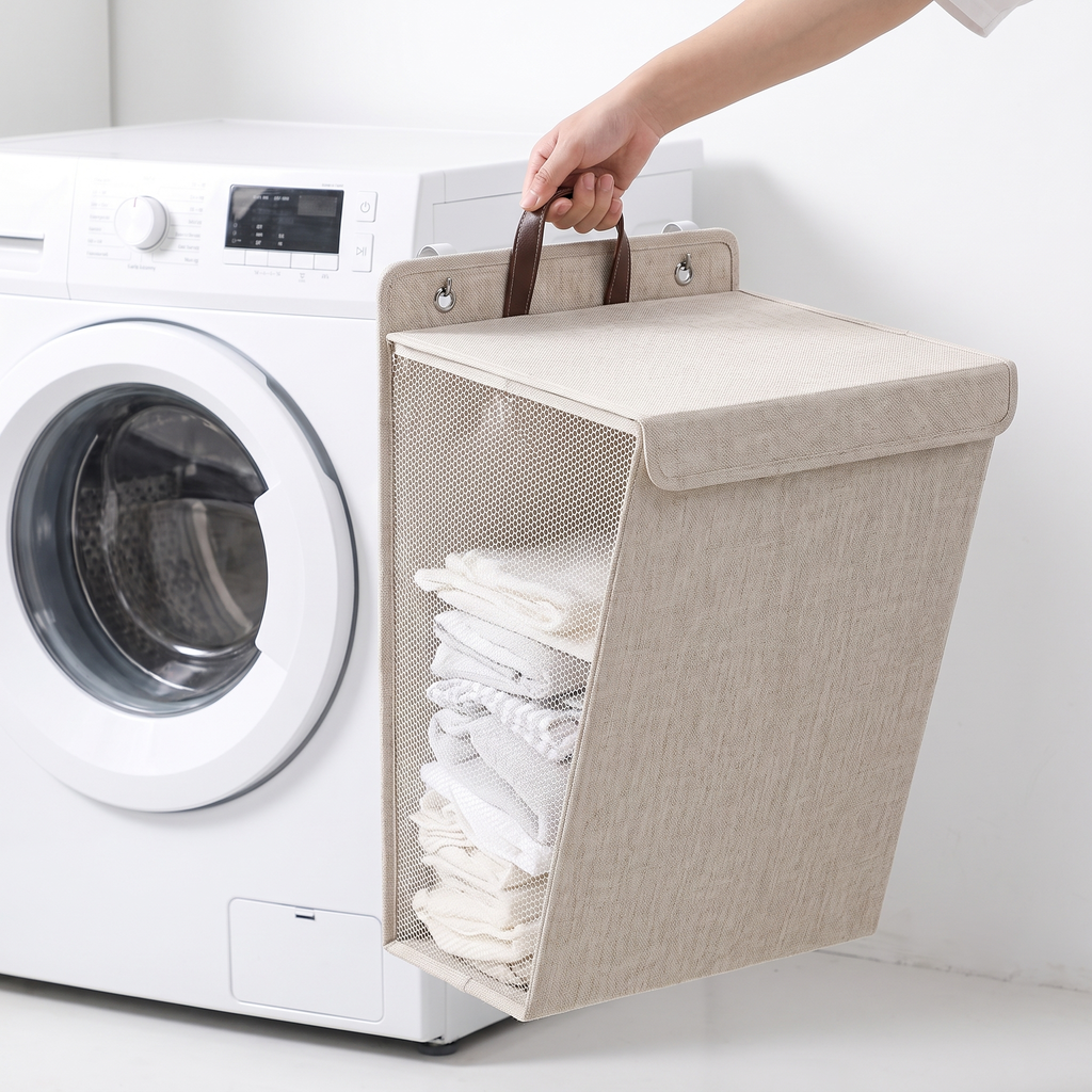 Folding wall-mounted laundry hamper with adhesive hooks – view 7