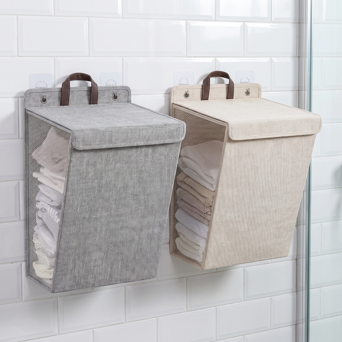 Folding wall-mounted laundry hamper with adhesive hooks – view 8