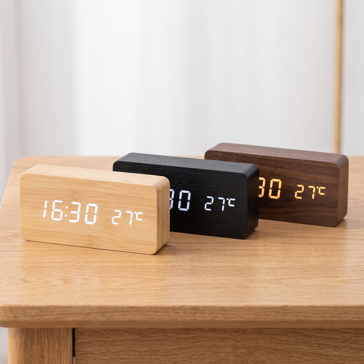 Wood-grain LED alarm clock with temperature display – view 6