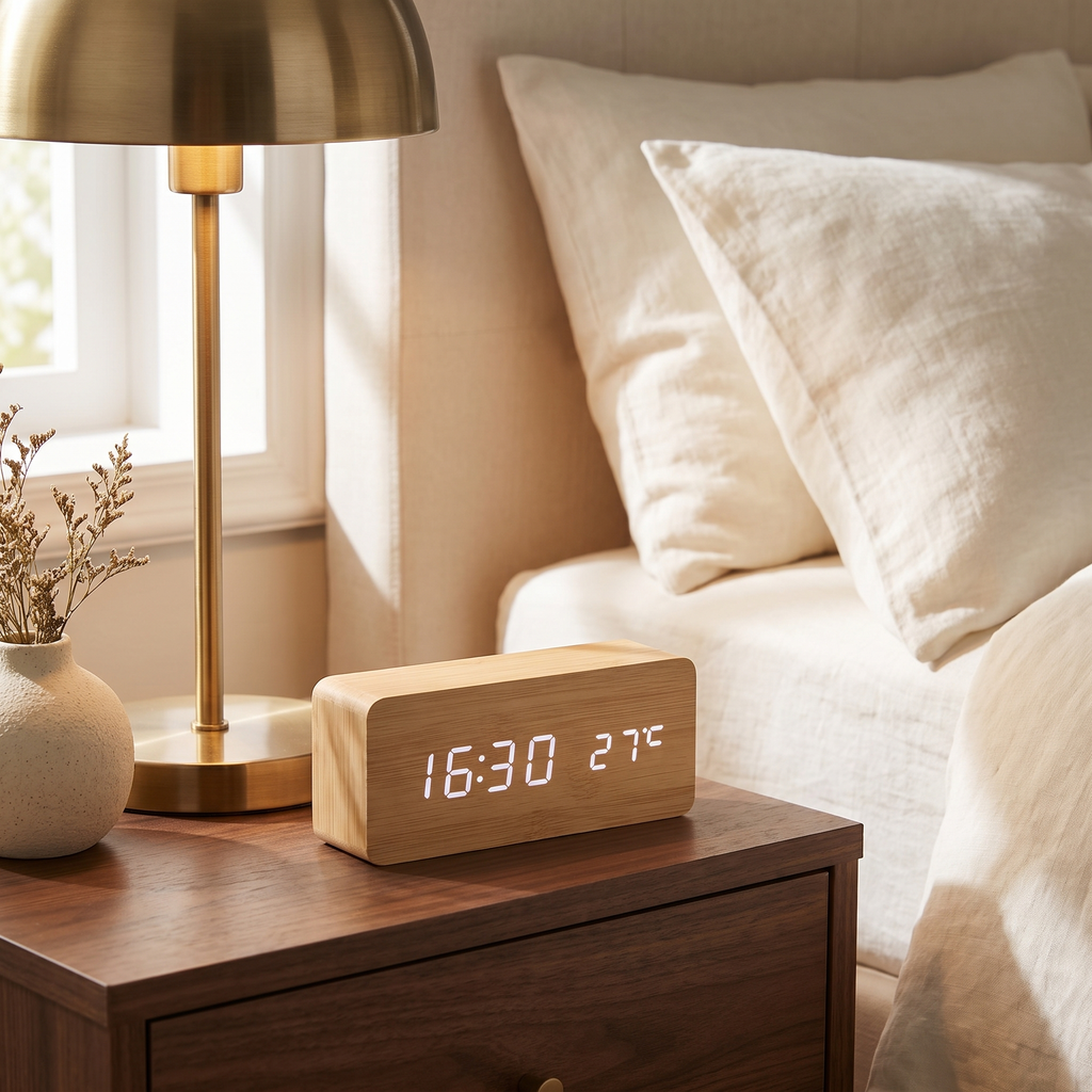 Wood-grain LED alarm clock with temperature display – view 5