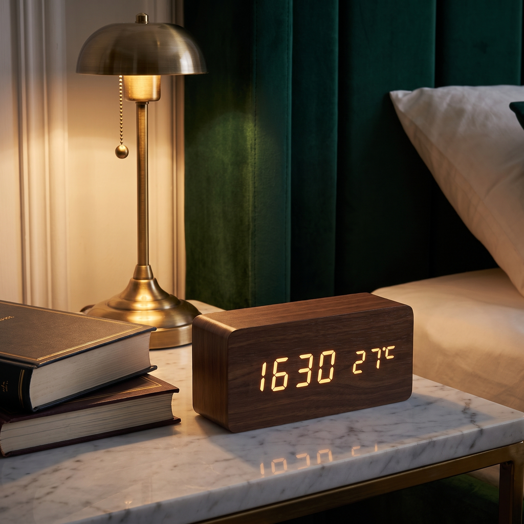 Wood-grain LED alarm clock with temperature display – view 8