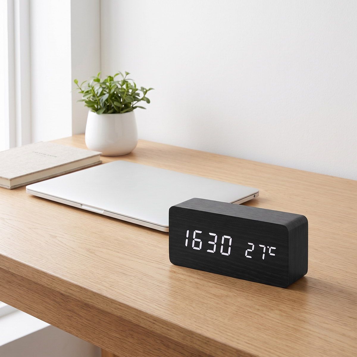 Wood-grain LED alarm clock with temperature display – view 7