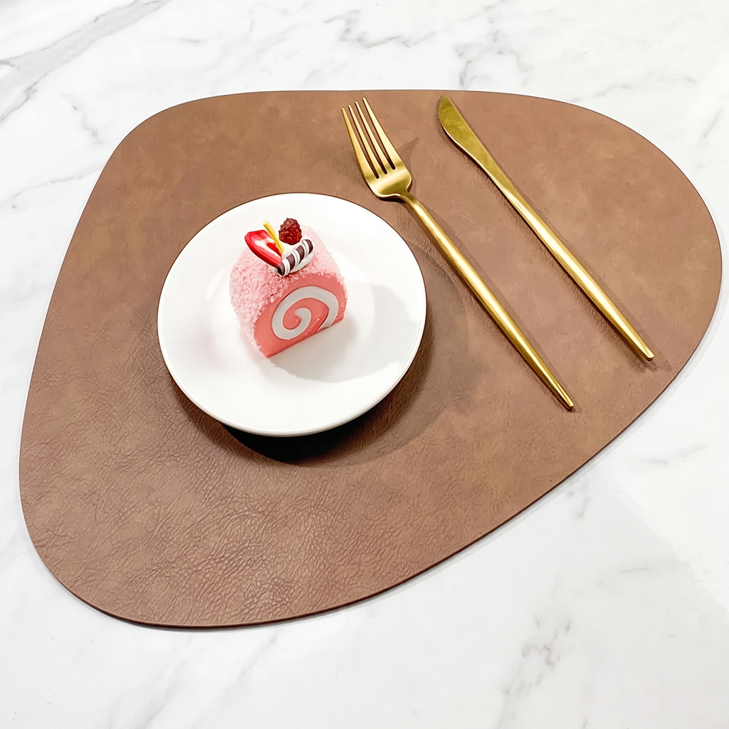 Teardrop two-tone faux leather placemat on marble with plate and gold cutlery – view 14