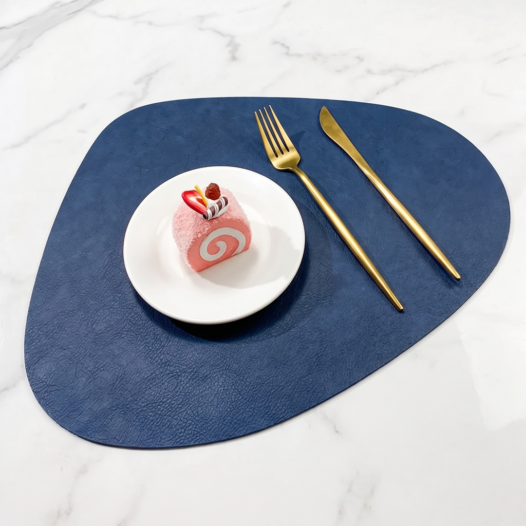 Teardrop two-tone faux leather placemat on marble with plate and gold cutlery – view 19
