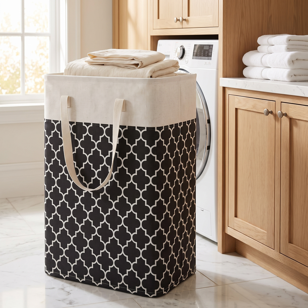 Black quatrefoil 75L laundry hamper in a bright laundry room – view 8