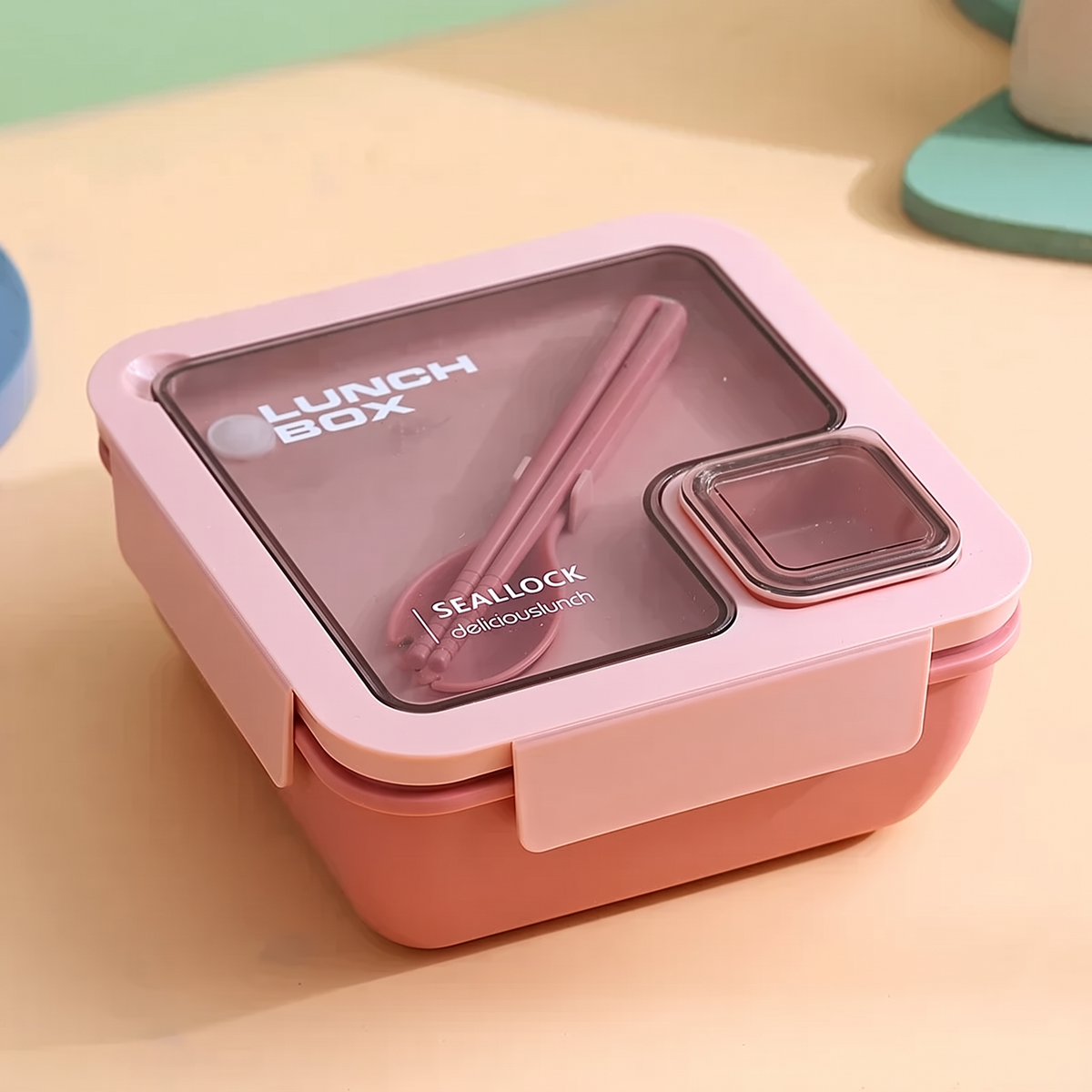 Two-compartment bento lunch box with spoon and fork in the lid – view 12
