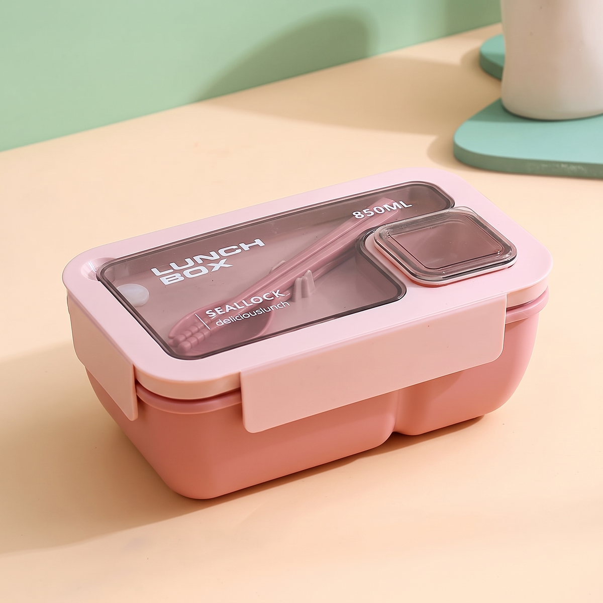 Two-compartment bento lunch box with spoon and fork in the lid – view 13