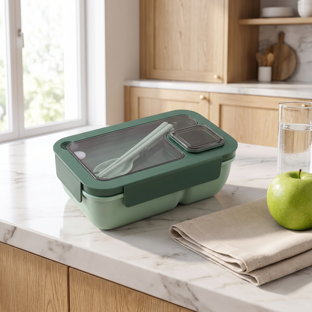 Two-compartment bento lunch box with spoon and fork in the lid – view 4