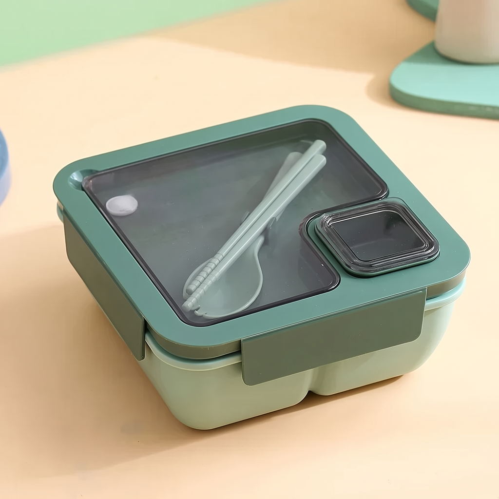 Two-compartment bento lunch box with spoon and fork in the lid – view 14