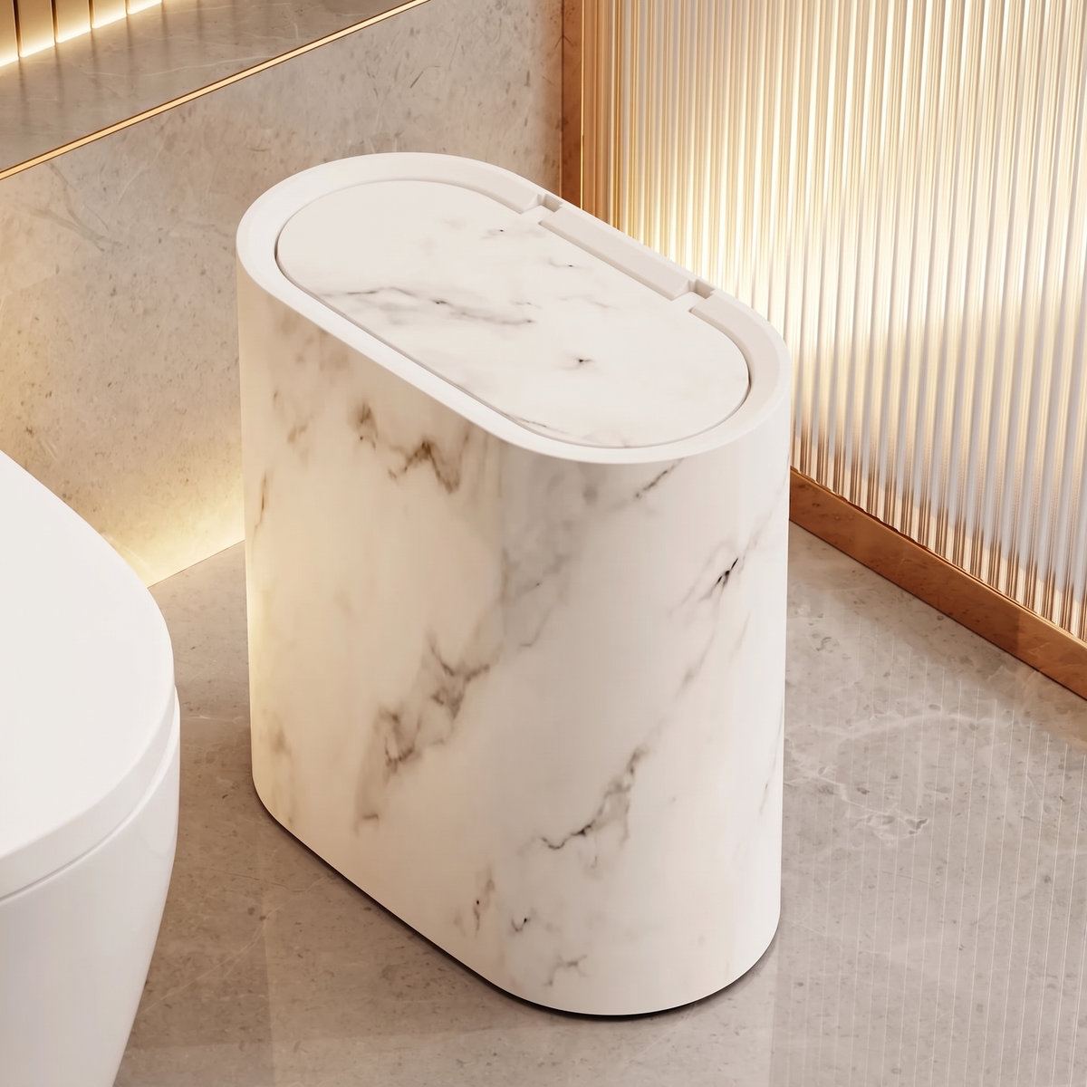 12L slim oval press-lid waste bin, marble and wood-grain finishes – view 4