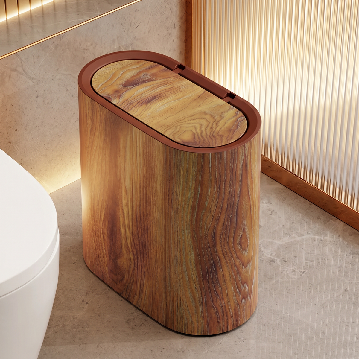 12L slim oval press-lid waste bin, marble and wood-grain finishes – view 6
