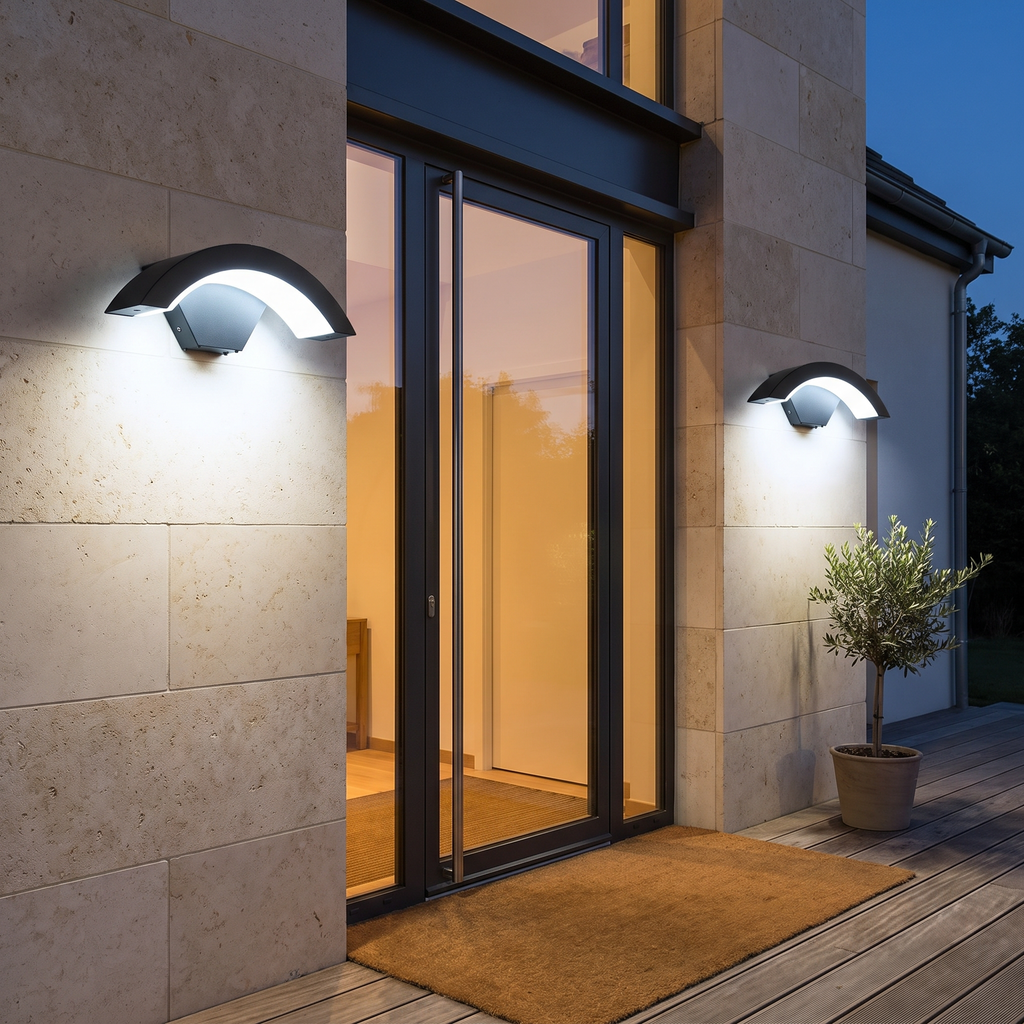 Curved outdoor LED wall light on a house facade at dusk – view 9