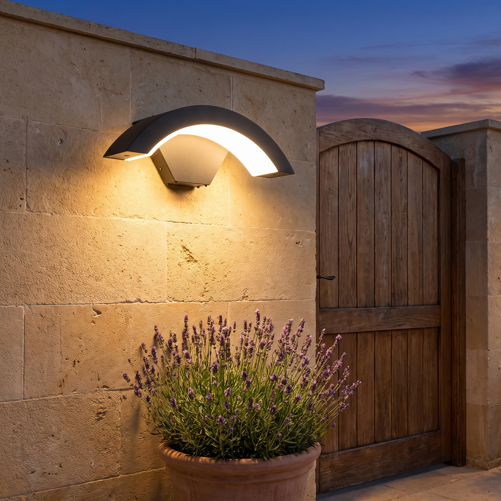 Curved outdoor LED wall light on a limestone wall, warm white – view 10