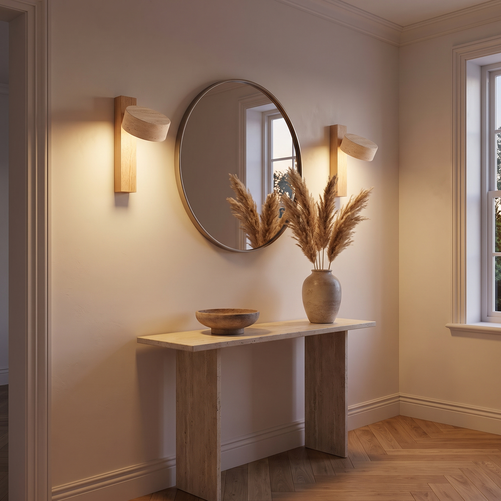 Travertine Wall Sconce with Solid Wood Arm – view 13