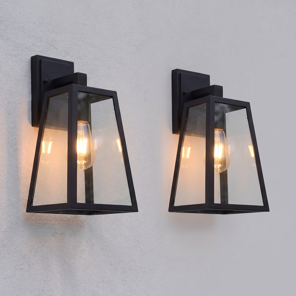 Trapezoid Outdoor Wall Lantern | Matte Black Metal Porch Light, Acrylic or Glass, IP65 – set of 2