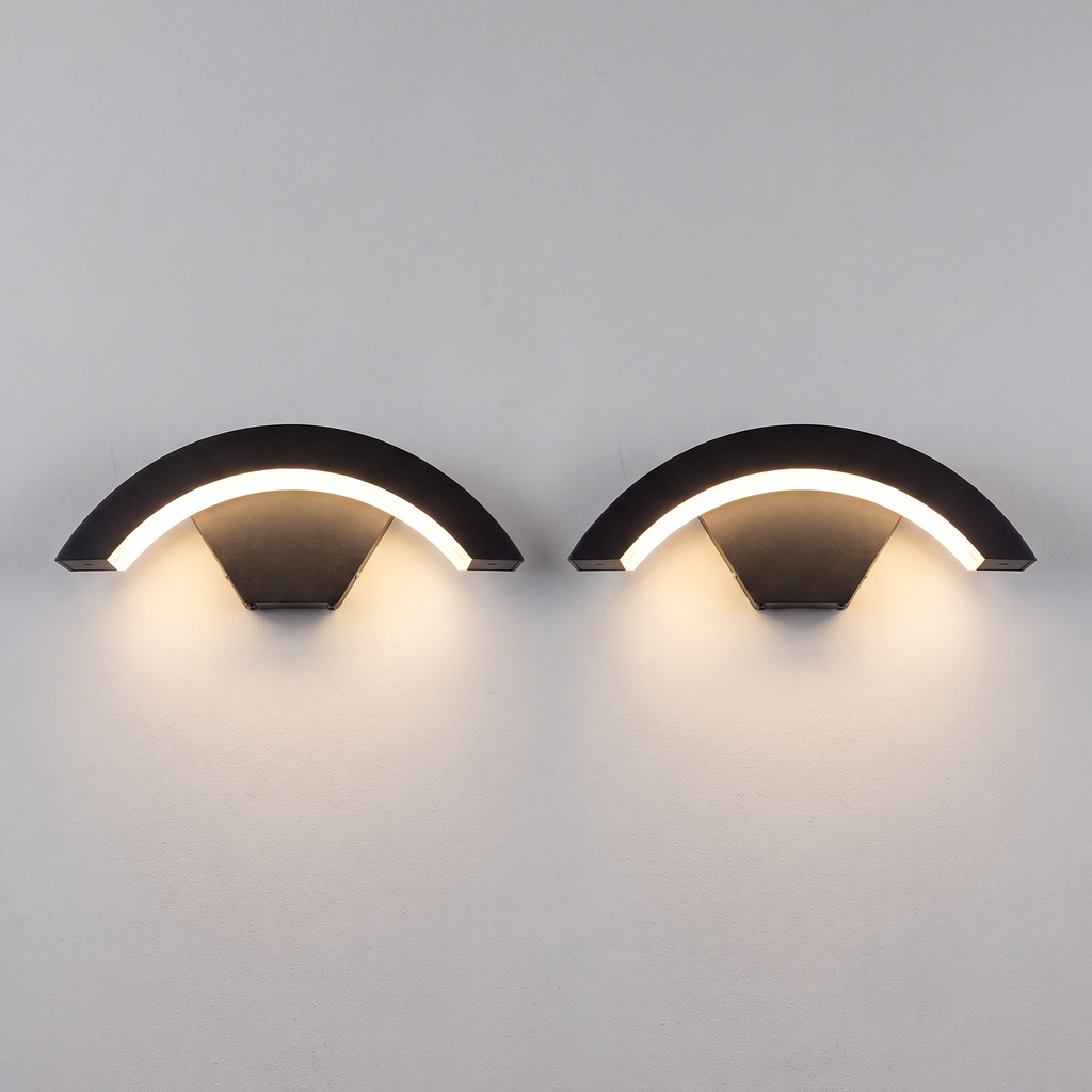 Curved Outdoor Wall Light | IP65 Black Aluminium LED Porch & Garden Lamp – set of 2 – Warm White