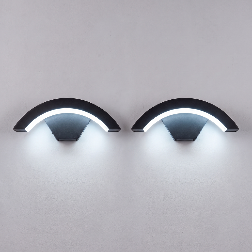 Curved Outdoor Wall Light | IP65 Black Aluminium LED Porch & Garden Lamp – set of 2 – Cool White
