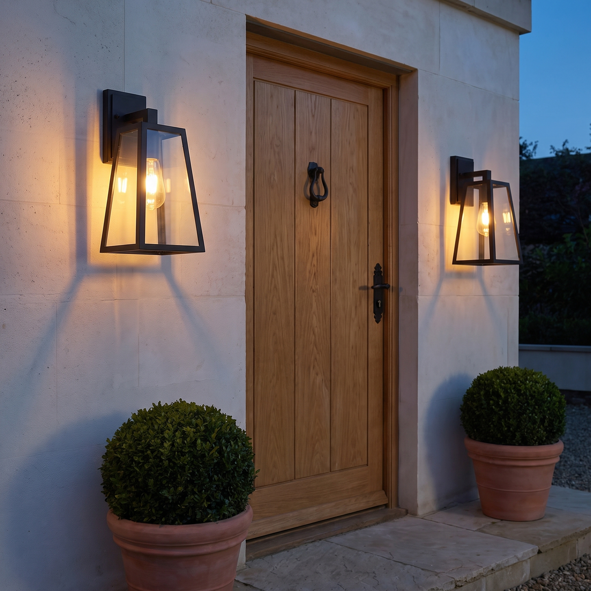 Trapezoid Outdoor Wall Lantern | Matte Black Metal Porch Light, Acrylic or Glass, IP65 – installed