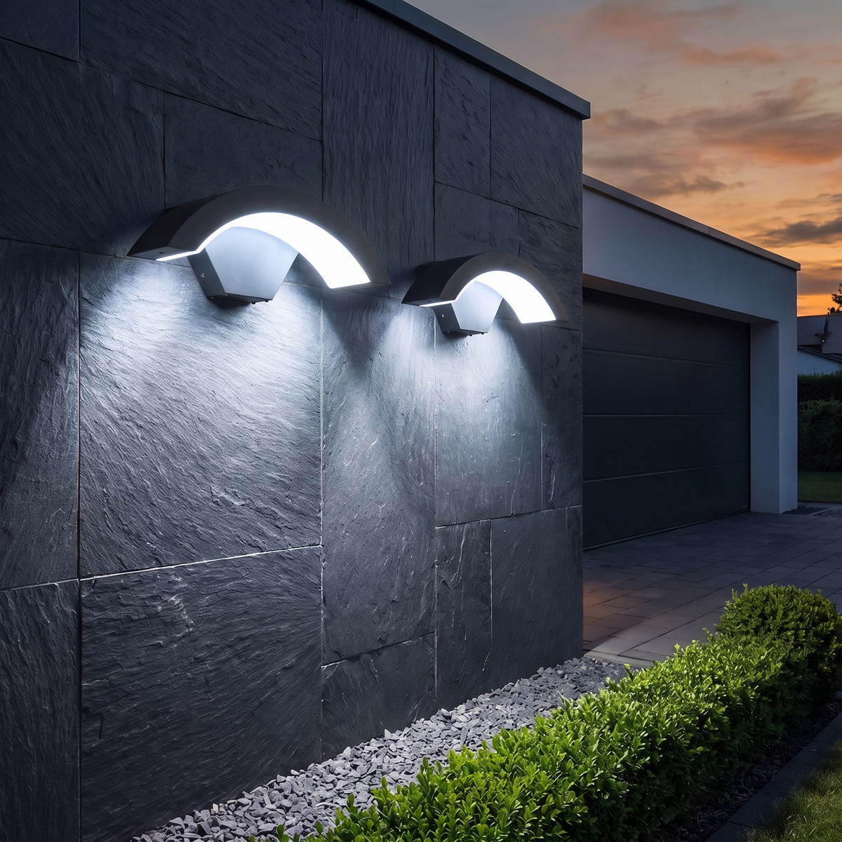 Curved Outdoor Wall Light | IP65 Black Aluminium LED Porch & Garden Lamp – installed