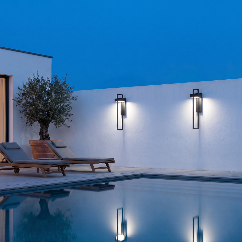 Rectangular Outdoor Wall Light | Black Aluminium LED Frame Lamp, 35 or 42 cm – installed