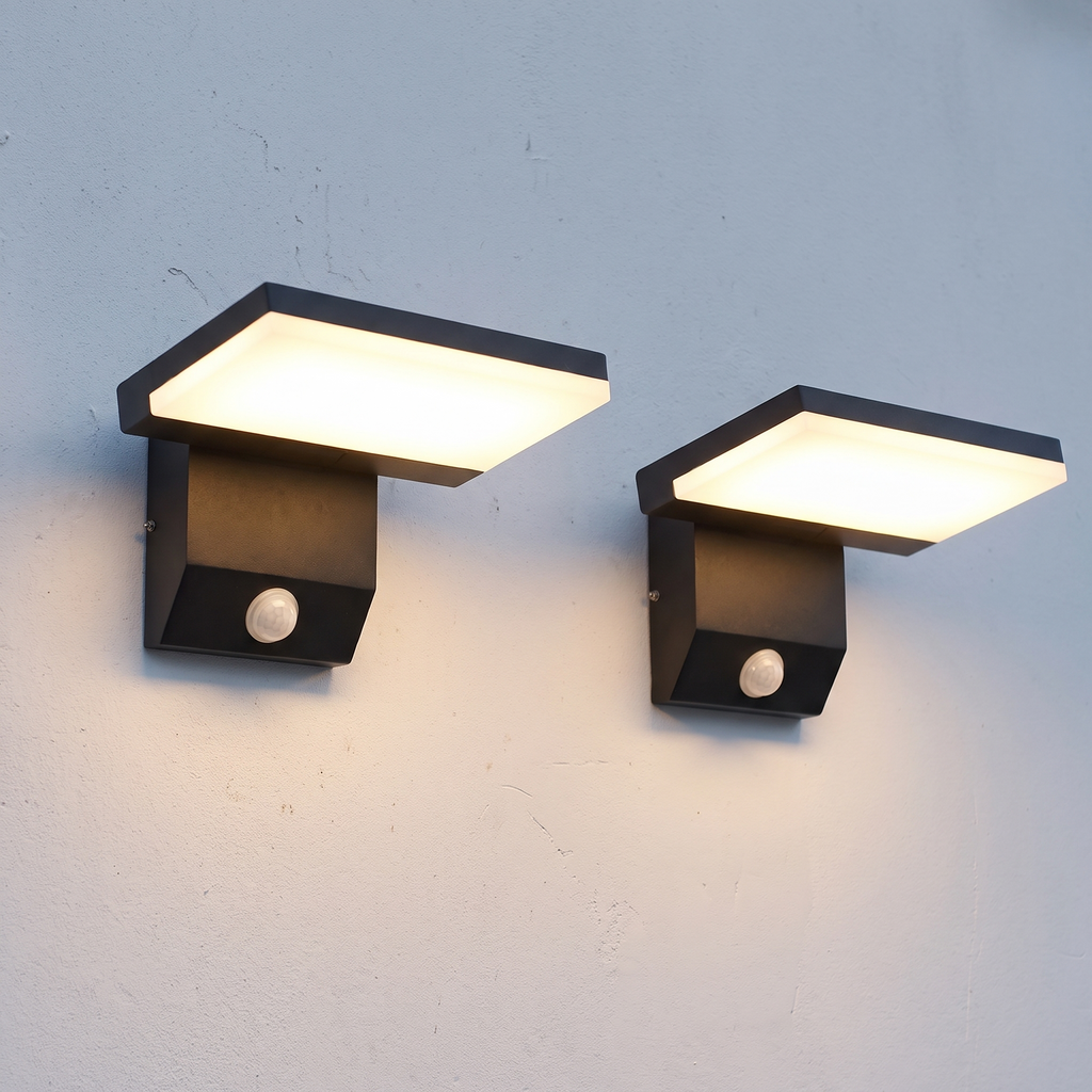 Set of 2 black outdoor LED wall lights with motion sensor