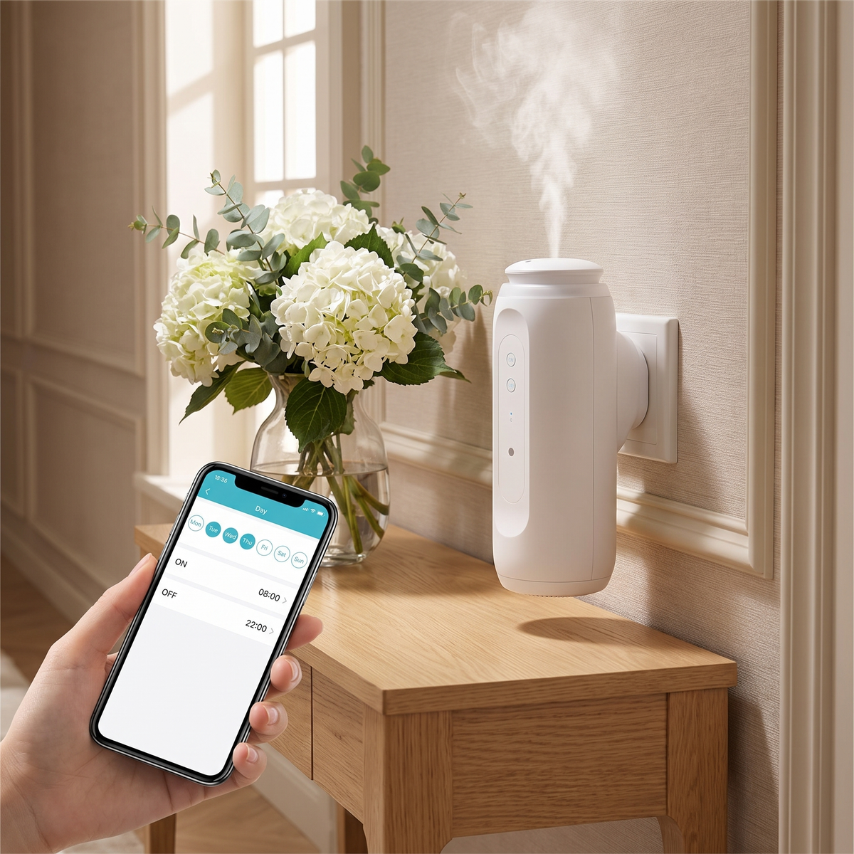 Plug-In Waterless Diffuser with Bluetooth App, Cold Air Scent Diffuser for Essential Oils, White or Black, Night Light – view 3