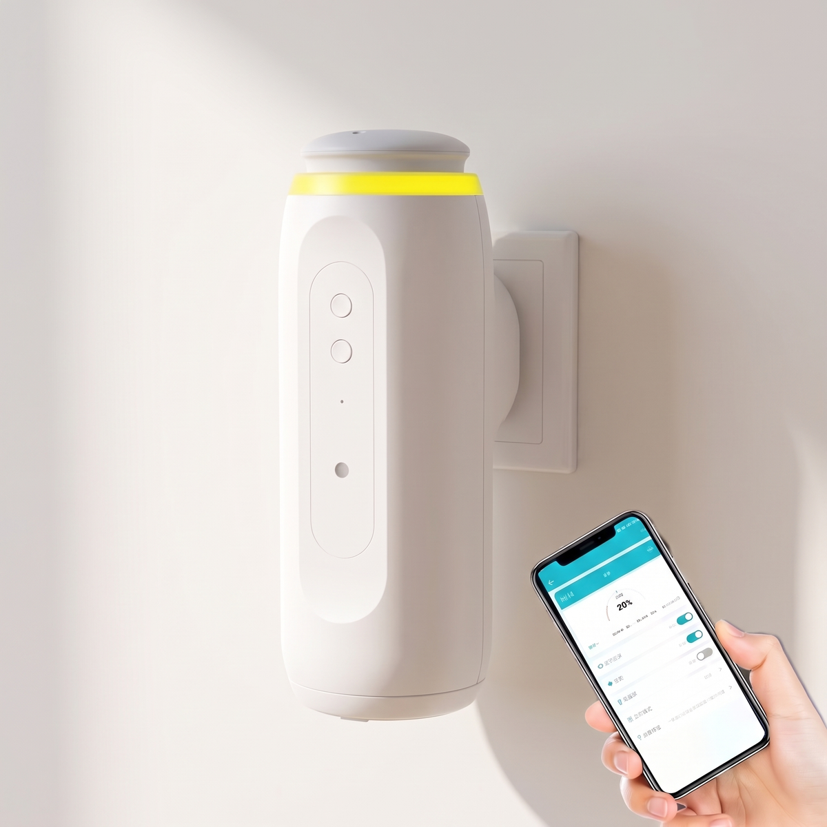 White waterless plug-in diffuser on the wall with the phone app