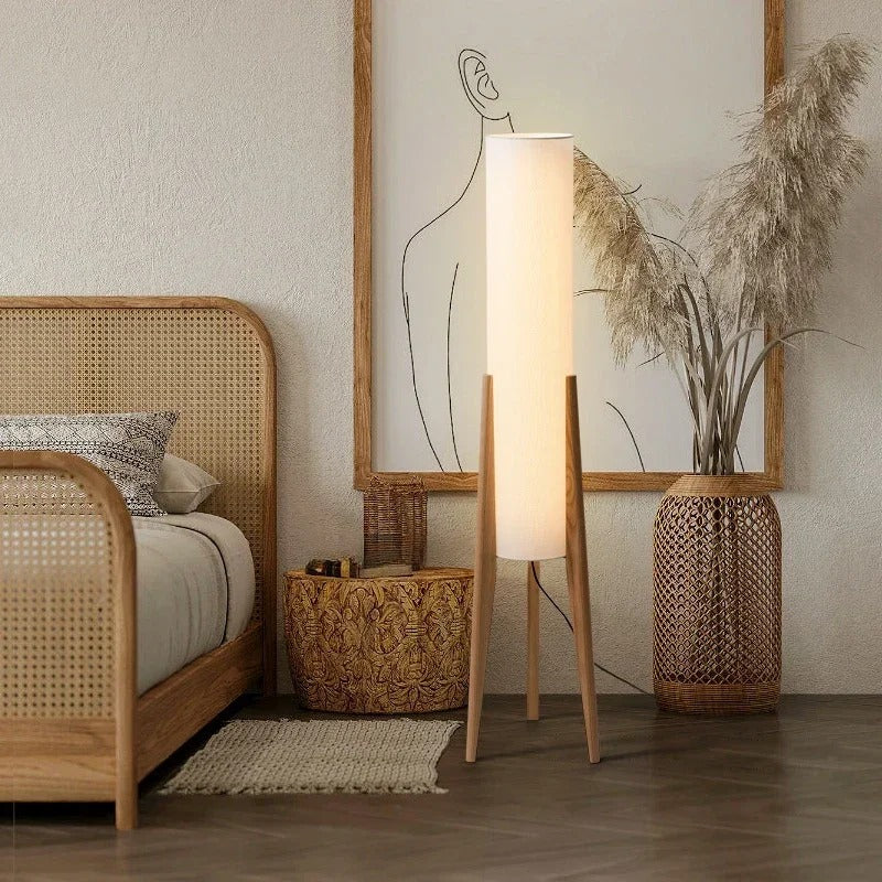 Lampadaire bois massif — Abat-Jour Lin, Style Nordique