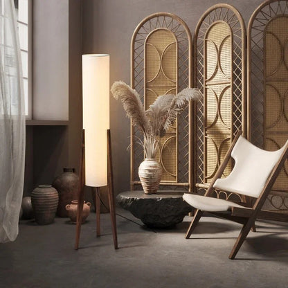 Lampadaire bois massif — Abat-Jour Lin, Style Nordique