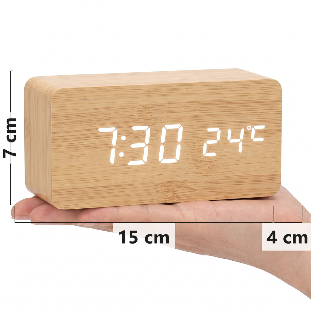 Bamboo wood-grain LED alarm clock in hand, 15 x 7 x 4 cm