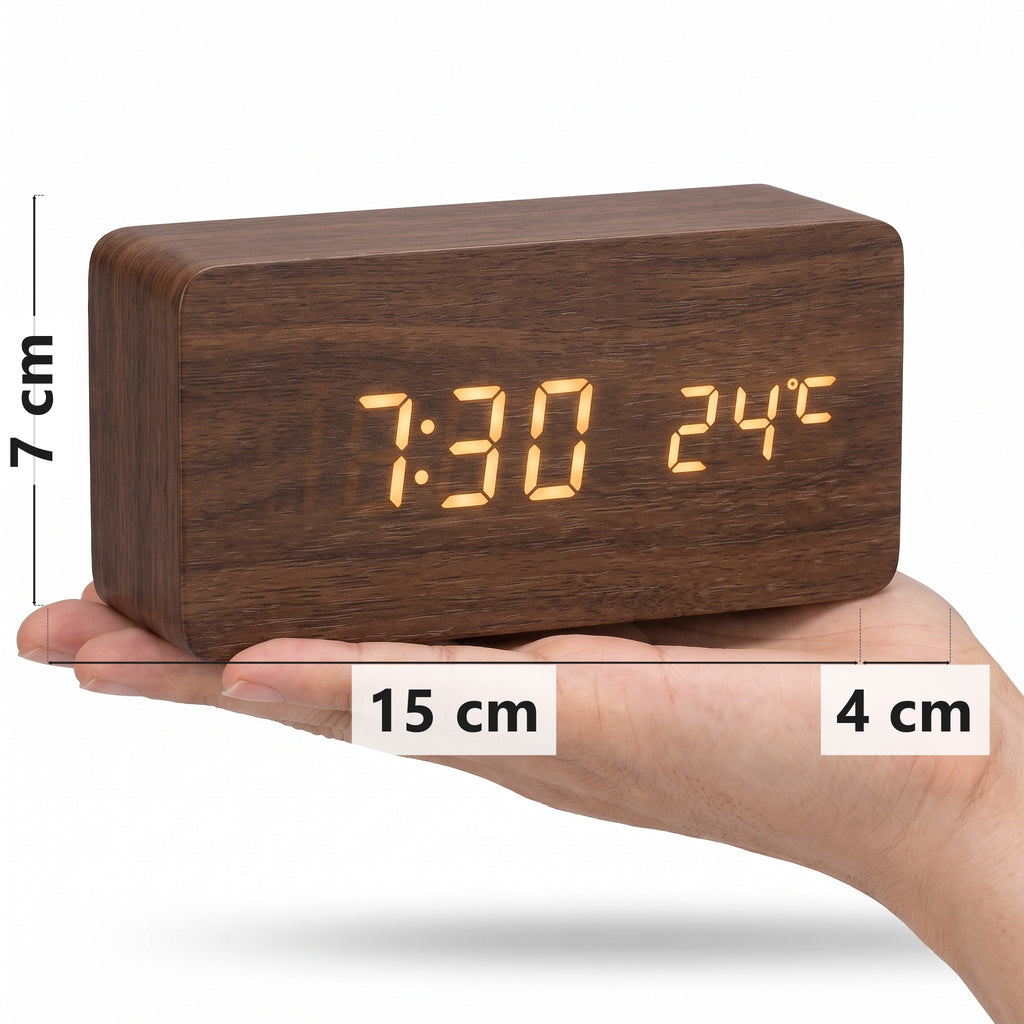 Brown walnut LED alarm clock in hand, 15 x 7 x 4 cm